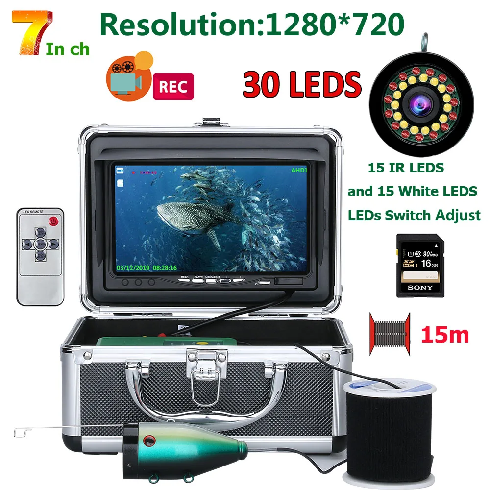 30M/15M DVR Winter Fish Finder Underwater Fishing Camera 7 inch HD 1280*720 Screen With 16G Card For Sea/Boat / Ice Fishing fish finder