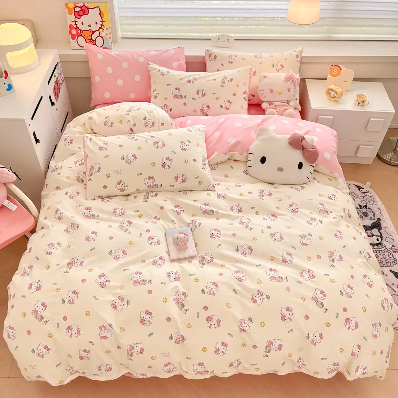 Sanrio Hello Kitty Cotton Printing Bedding Set Duvet Cover Bed Sheet Pillowcase King Queen Full Twin Bedclothes Home Textile 6