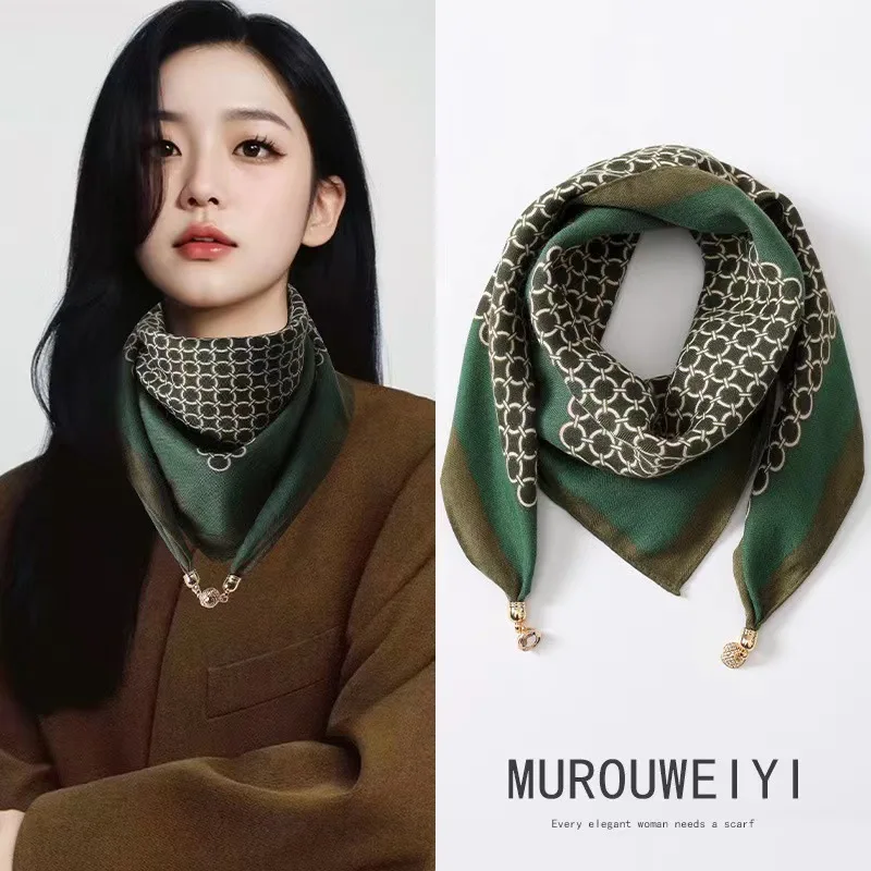 Women's Cotton Scarf Magnetic Button Square Triangle Spring Autumn Winter Western Style