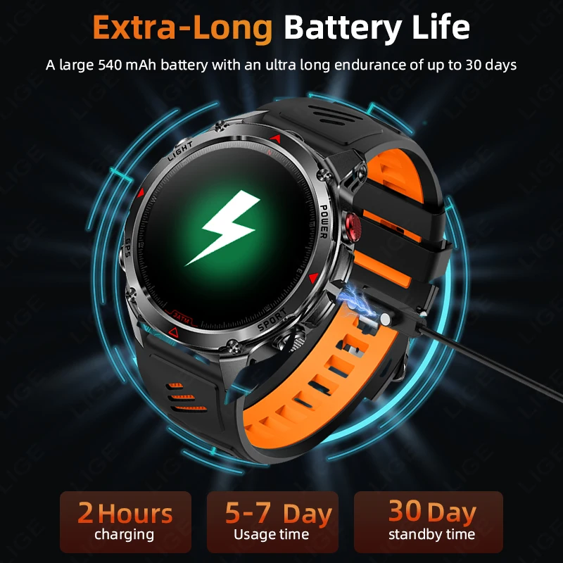 LIGE GPS Sports Smart Watch Men HD Full Touch Screen 500mAh Battery Waterproof Flashlight Compass Bluetooth Call Smartwatch Men