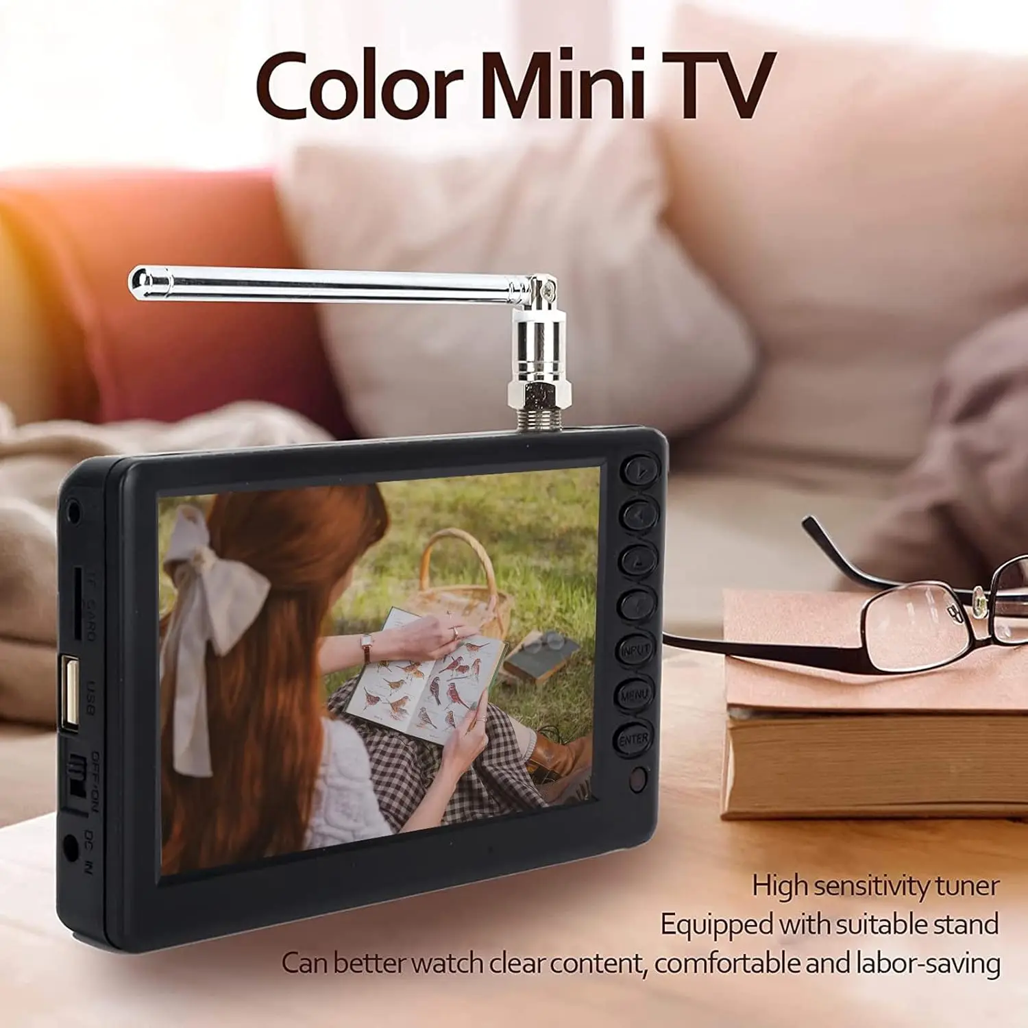 Portable ATSC HD TFT LED Digital TV-5' Mini TV with Remote Control, 1080P, Rechargeable Battery, USB & TF Card Support