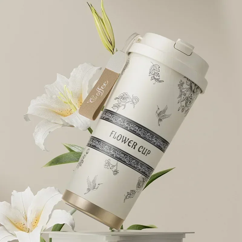 2025 Hot Lily of The Valley Design Travel Portable Leakproof Sippy Cup Coffee Cup Stainless Steel Car Cold Handy Cup
