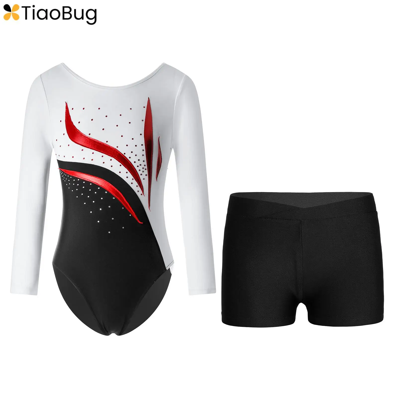 

Kids Girls Rhinestones Long Sleeve Ballet Dance Gymnastic Leotard with Athletic Shorts Workout Skating Competition Costume