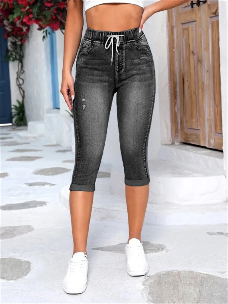 

Новинка лета 2023, женские черные рваные джинсы с эластичным поясом, модные эластичные джинсовые брюки-карандаш до щиколотки