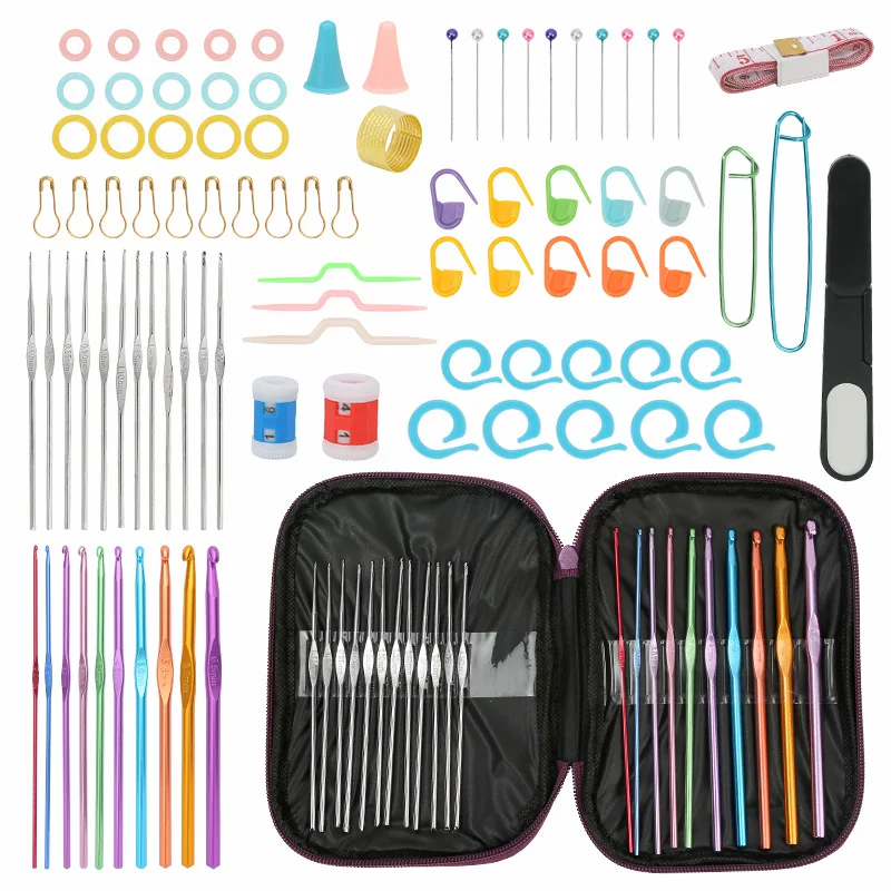 

100Pcs Crochet Hooks Set DIY Craft 22 Sizes Knitting Needles Scissors Markers Sewing Supplies Tools Accessories With Storage Bag
