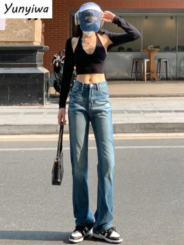 

Синие джинсы для женщин брюки шикарная Корейская джинсовая винтажная одежда с высокой талией модная повседневная одежда 2024 джинсы.