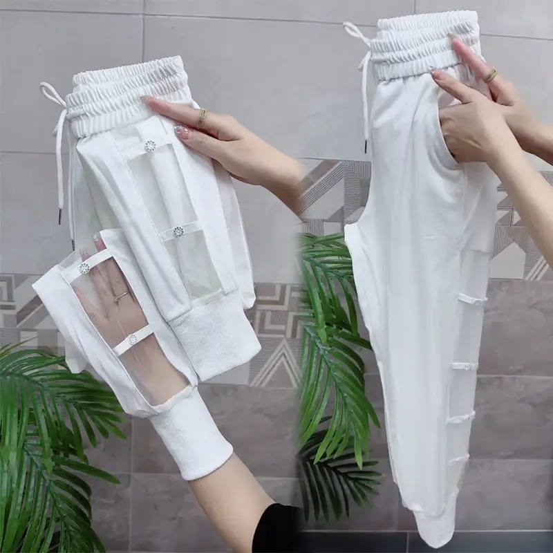 Minimalist Commute 2024 Summer New Capris Women's Elastic Waist Solid Gauze Hollow Out Button Loose Straight Harlan Casual Pants