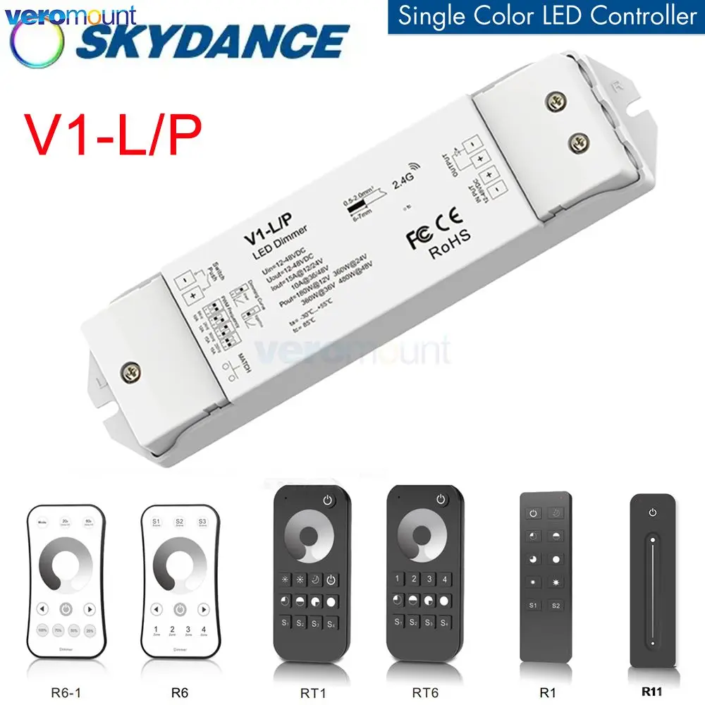 Skydance V1-L/P 1CH * 15A 12V-48V DC CV контроллер 2,4G RF + Push-Dim PWM 250 Гц/500 Гц/2 кГц/8 кГц для одноцветной светодиодной ленты светильник