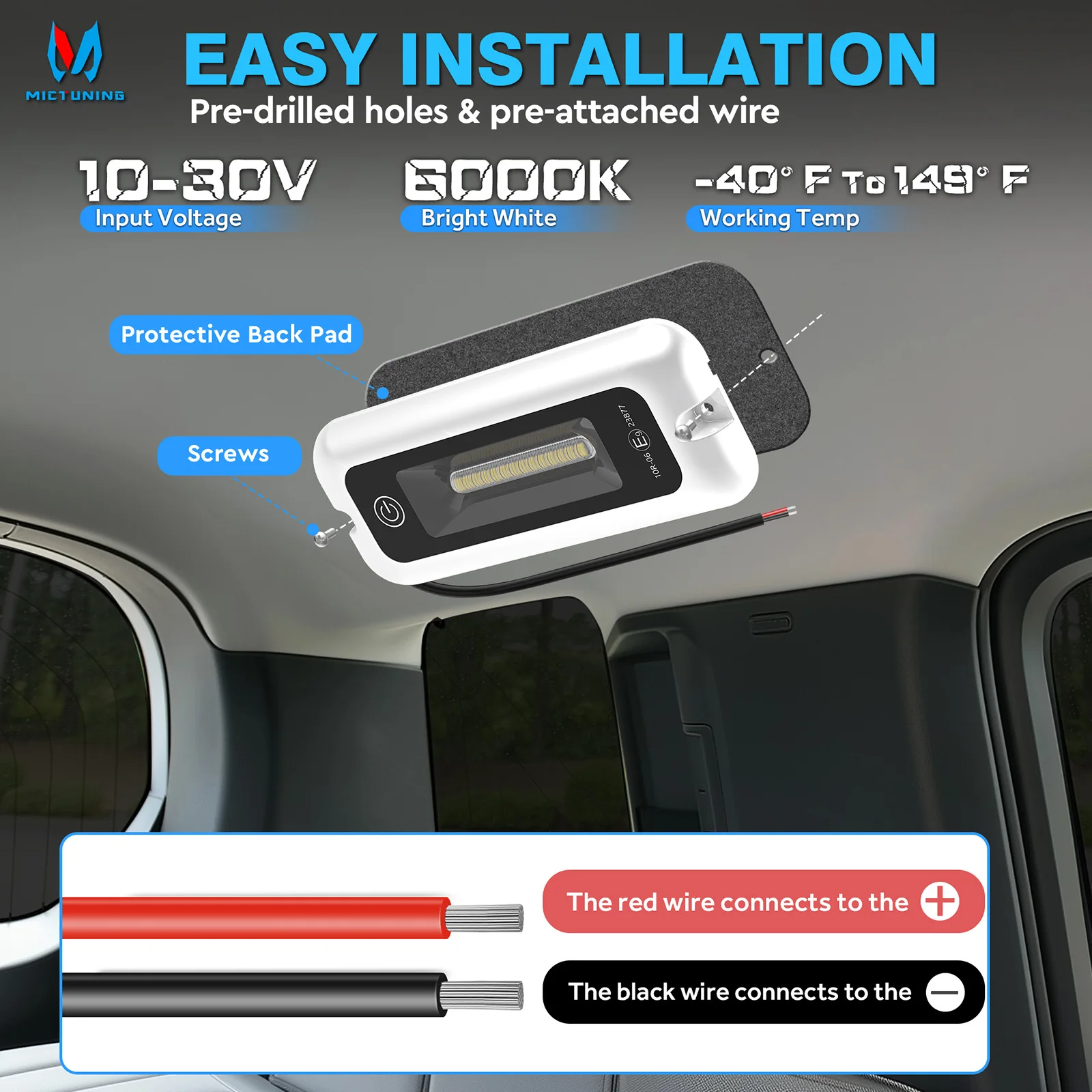 MICTUNING 4 Inch Interior Touch Porch Light Waterproof LED Utility RV Awning White 6000K Outdoor Lights For SUV Camper Trailer