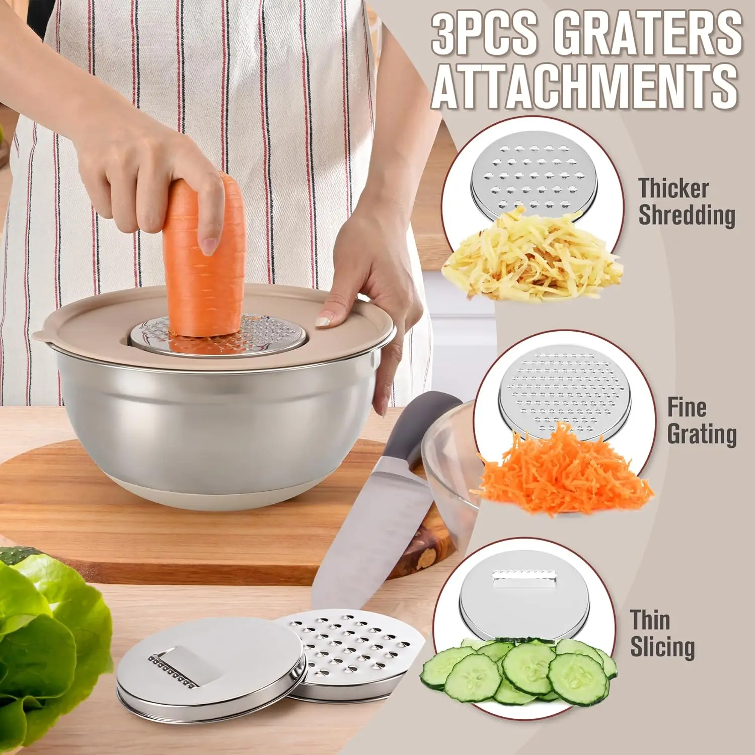 30PCS Mixing Bowls with Lids Set, 7QT to 1QT Stainless Steel Nesting Bowls with Graters, Non-Slip Silicone Bottom, Large Khaki B 4