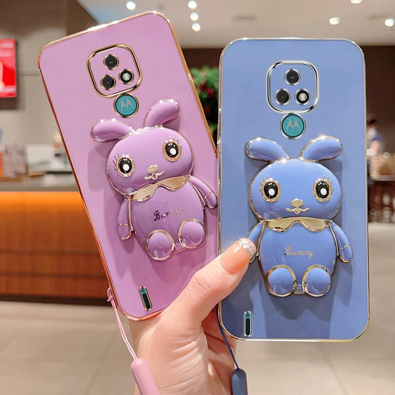 3D Rabbit Astronaut CaseFor Motorola Moto G53 E7 G8 Power G9 Play G50 G20 G30 G60 G82 E20 Edge 20 Folded Bracket Plating_voghion.com