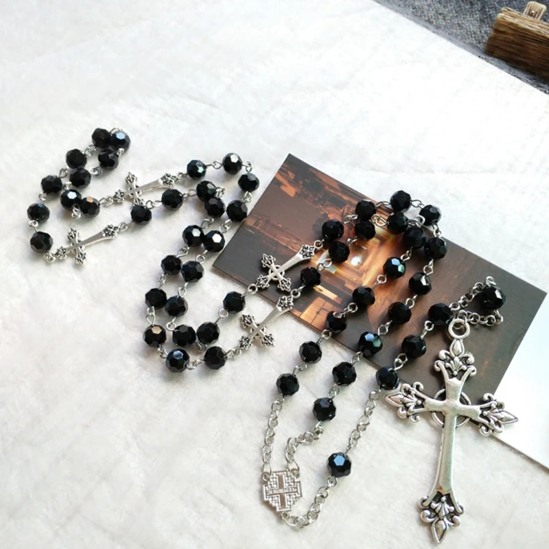 Presents Black Crystal Rosary Necklaces Long for Cross Decor Gift for Teen Women
