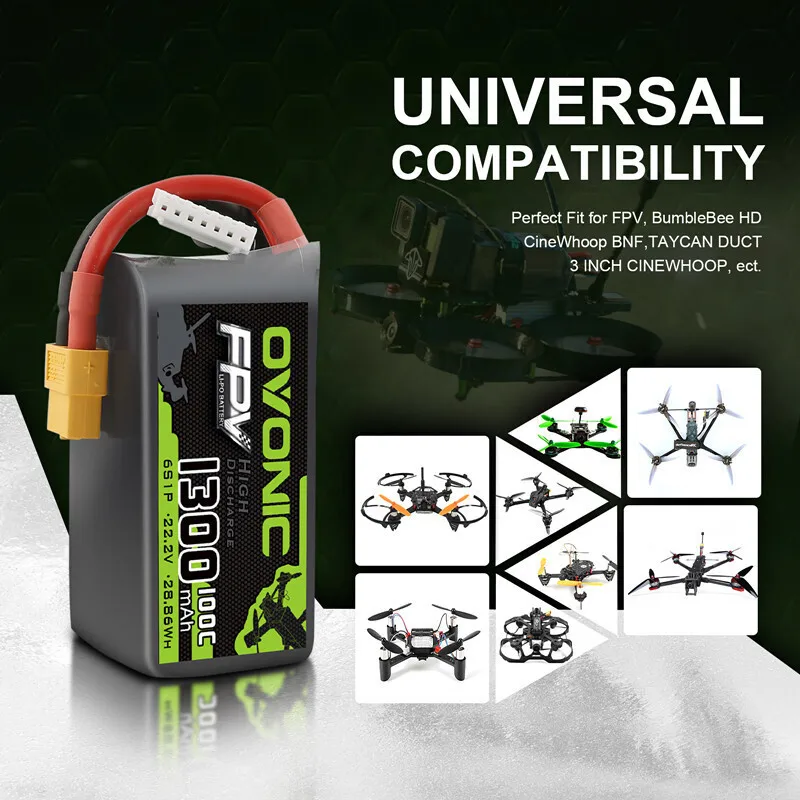 Pacco Batteria Lipo OVONIC 1300mAh 100C 22.2V 6S XT60 per Drone FPV RC