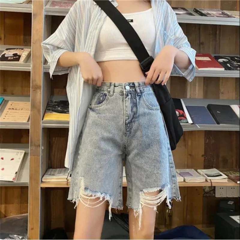 Denim Planet Summer High Waist Perforated Jeans Women's Quarter Shorts 2024 New Loose Wide Legs Fashion Slim Fit Straight