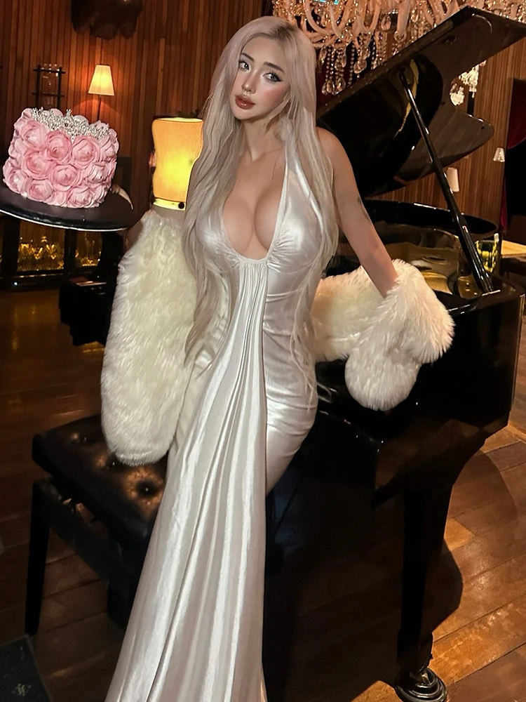 Nibber Banquet Halter Satin Dress Women Elegant Sexy Ruched Backless Low Neck Party Gown Clubwear Stretch Trend Long Bodycon