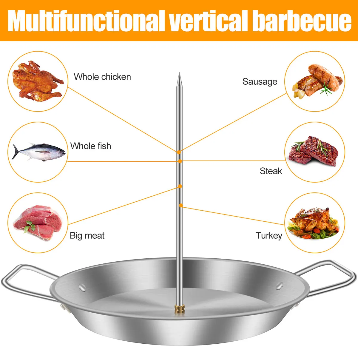 Vertical Meat Rack Stainless Steel BBQ Vertical Skewer Grill with 3 Replacement Spikes and Handle grill oven accessories