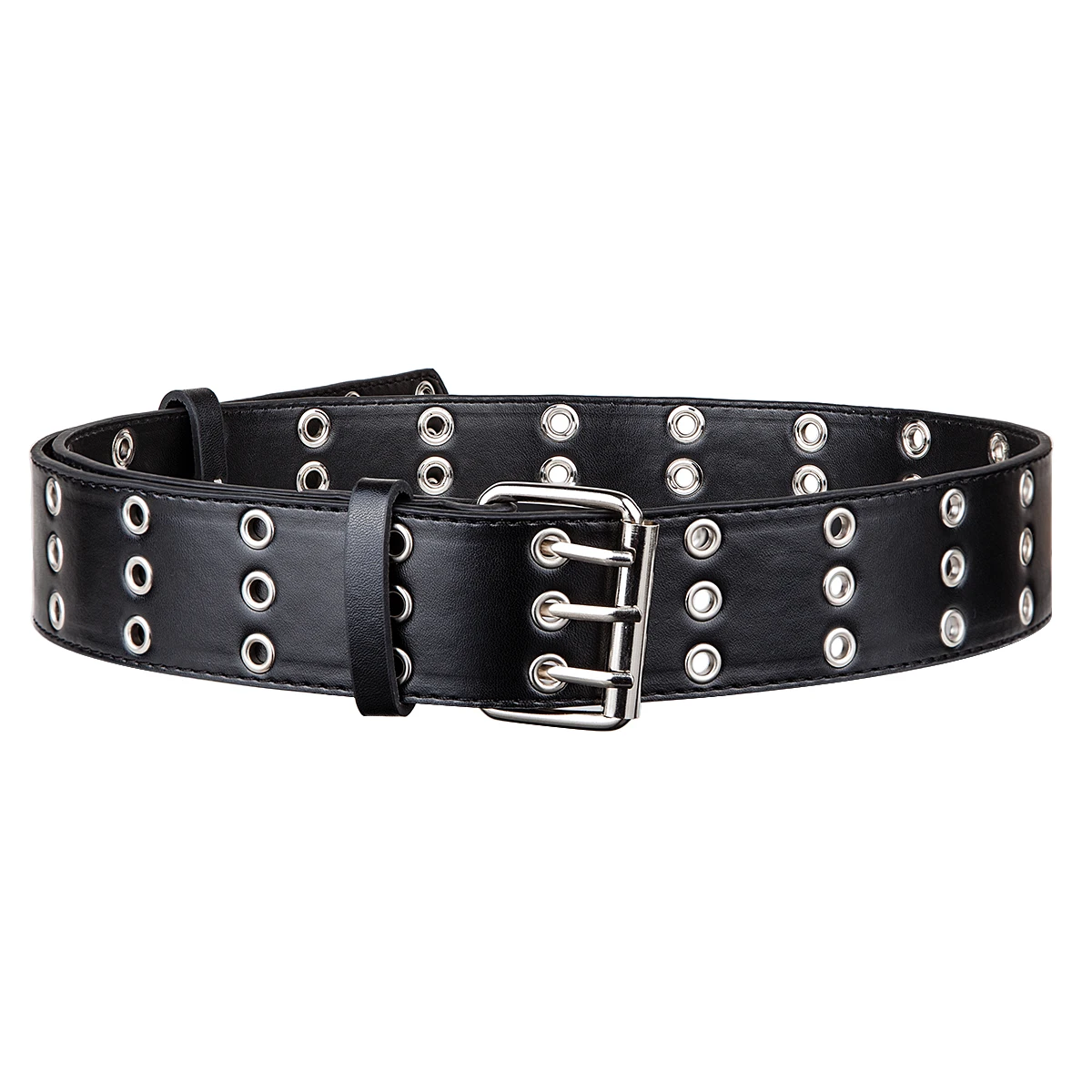 Chic Punk Women Belt PU Leather Double Pin Buckle Wind Jeans Female Black Grommet Belts Retro Long Waistband For Pants Unisex