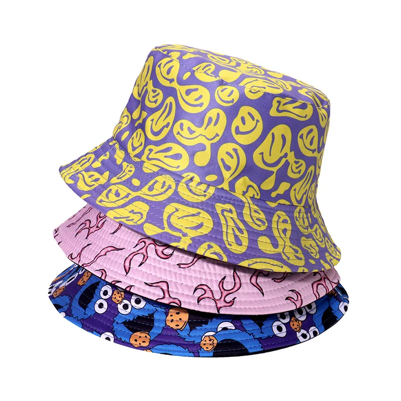 

Winfox Summer Cartoon Printing Bucket Hat Cute Fisherman Hats For Women Mens Two Side Reversible Fishing Caps