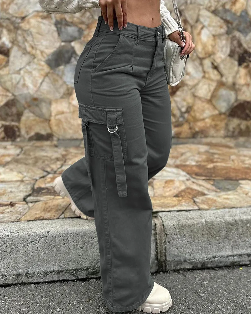 Womens Pants Casual Cargo Pocket Design High Waist Button Solid