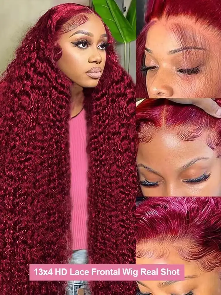 Deep Wave 99J Burgundy 13x6 Lace Frontal Wig Human Hair 13x4 Curly 30 36 Inch HD Transparent Lace Front Wigs Brazilian Red Wine