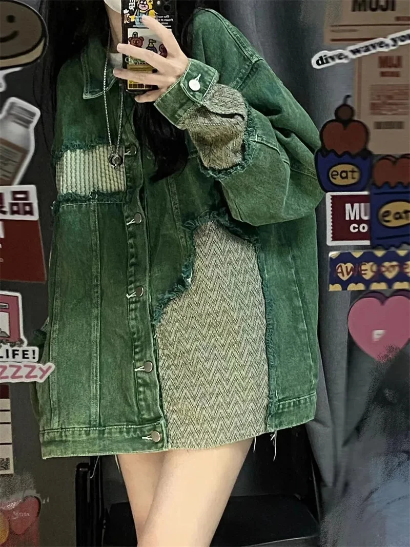 

Fat mm American Vintage Splicing Denim Coat Female 2023 Spring Autumn Loose Port Wind Design Sense Loose Jacket Top Commuting X4