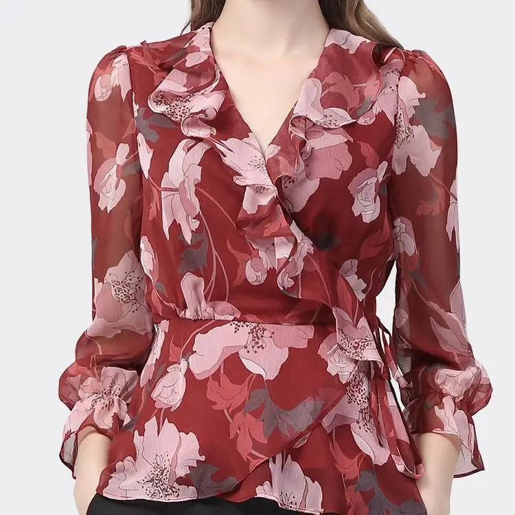 Elegant V-Neck Blouse Fashion Ruffles Spliced Spring Summer Waist Drawstring Women's Clothing Commute Vintage Asymmetrical Shirt