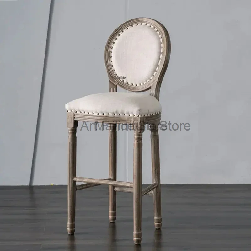 European Retro Solid Wood Bar Chairs Home Rattan Bar Stools Creative Antique Bar Furniture Backrest High Chairs for Kitchen Bar