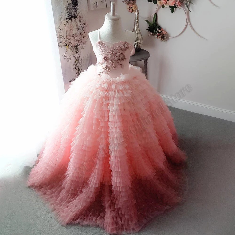 

Pink Gradient Tulle Layers Princess Flower Girl Dresses Ball Gown Baby Girls Birthday Wedding Party Dresses Costumes Customised