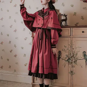 군용 일본 레트로 아카데믹 여학생 JK 유니폼 로리타 드레스 세트, 망토 코트 정장, 여성 가을 겨울 드레스