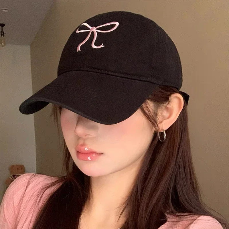Sweet Bowknot Embroidery Baseball Hat For Women Solid Color Korean Girl Peaked Cap Outdoor Soft Cotton Snapback Sun Visors