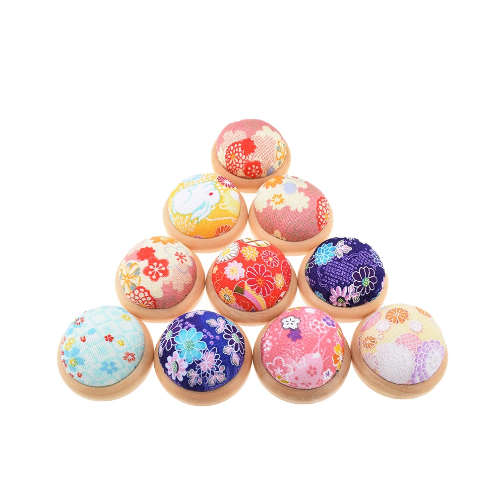 Chainho,Pin Cushion With Wooden Base,Printed Floral Fabric Cover,DIY Sewing Quilting Accessory,Needlework Tools,Random 1Piece