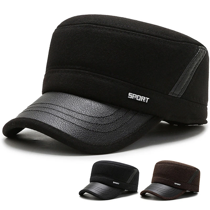 

Winter Hat Leather Hat Men Winter Military Cap Ear Protection Flat Top Military Cap Men The Elderly To Keep Warm Thick