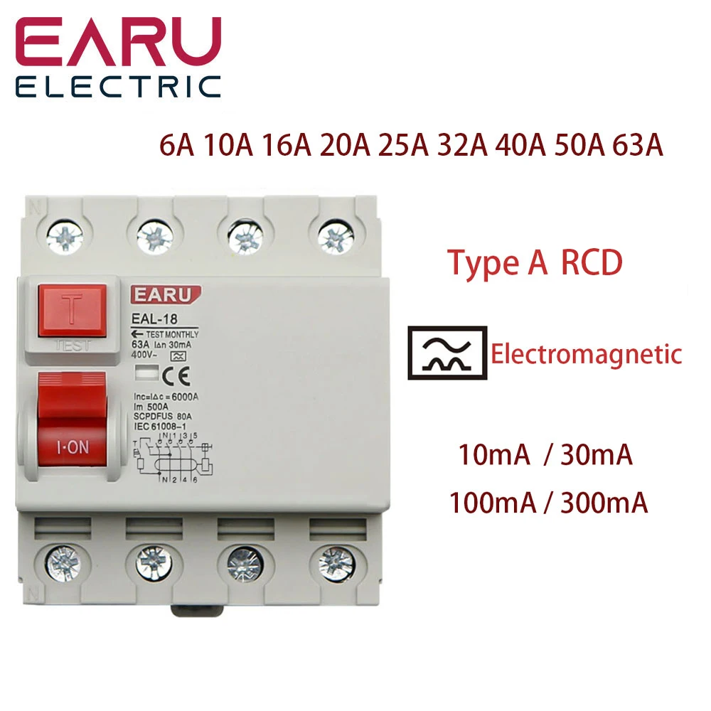 Disjoncteur électromagnétique à courant résiduel, 4P, 32A, 10/30/100/300mA,  Type A, RCCB, RCD, ELCB, interrupteur de sécurité différentiel