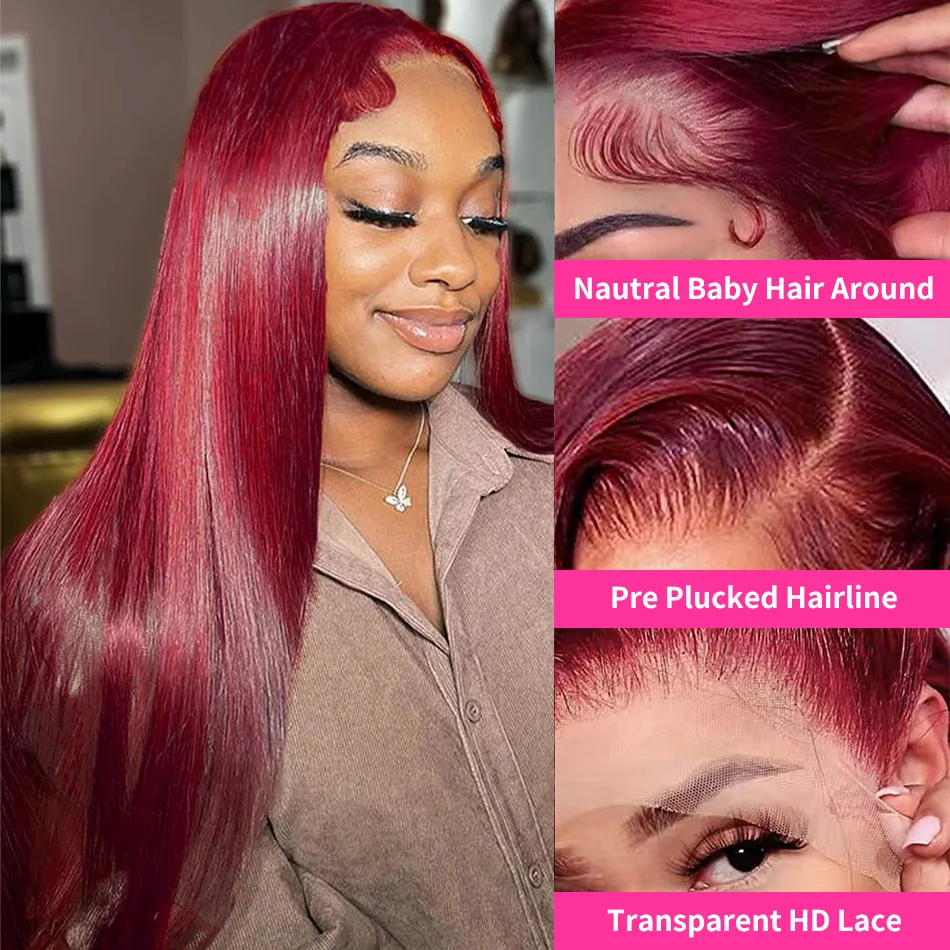 Human Hair Wig 99J Burgundy 13x6 HD Lace Frontal
