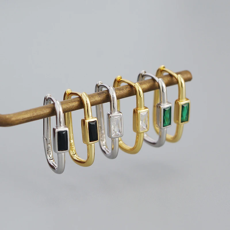 WOOZU- 빈티지 럭셔리 그린 스퀘어 지르콘 후프 귀걸이, 여성 파티 프랑스어 매력 귀 버클 쥬얼리 선물