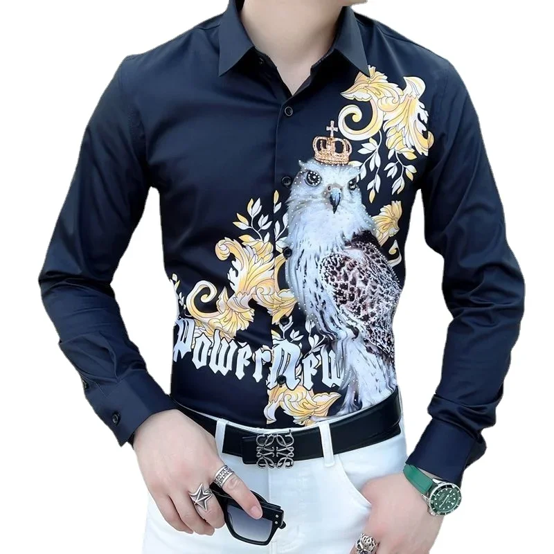 Long -sleeved Men's Shirt, Korean Trend Hot Drill Yellow Print Lapel Shirt, Single -breasted Owl Pattern Black Men's Clothing