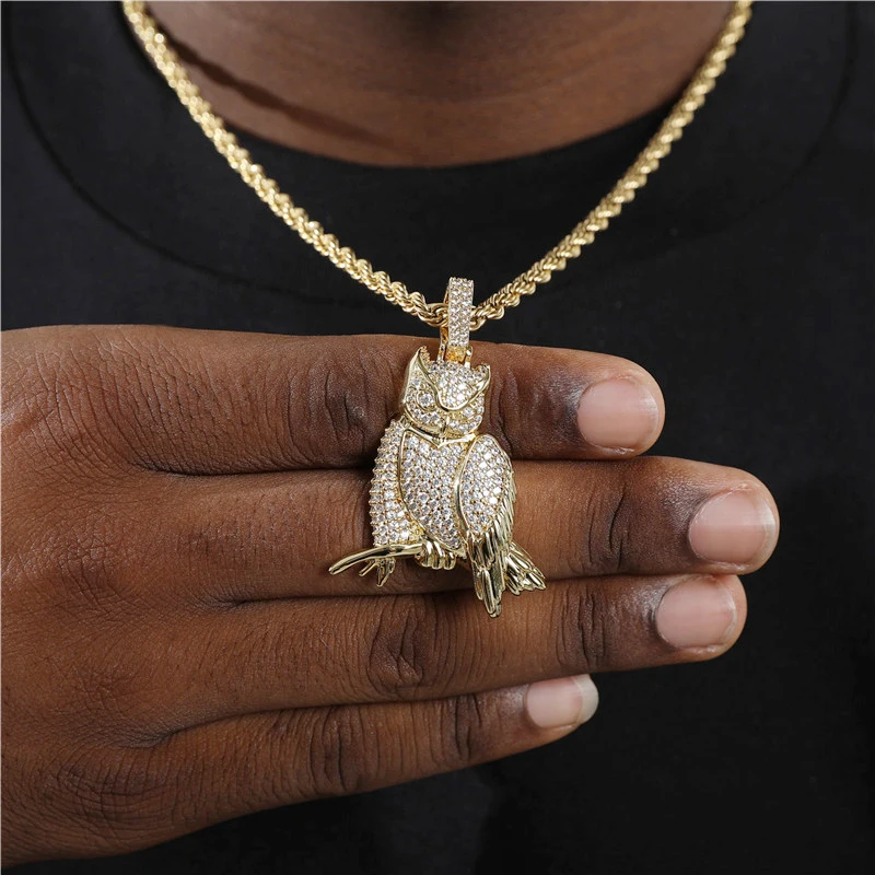 

Animal Owl Pendant With Cuban Chain Micro Pave CZ Cubic Zircon Gold Color Necklace For Men Women Hip Hop Charms Jewelry