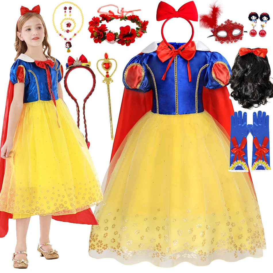 

Girl Snow White Dress for Kids Costume with Cloak Halloween Lace Ball Gown Children Party Birthday Bowknot Clothing 2-10Y