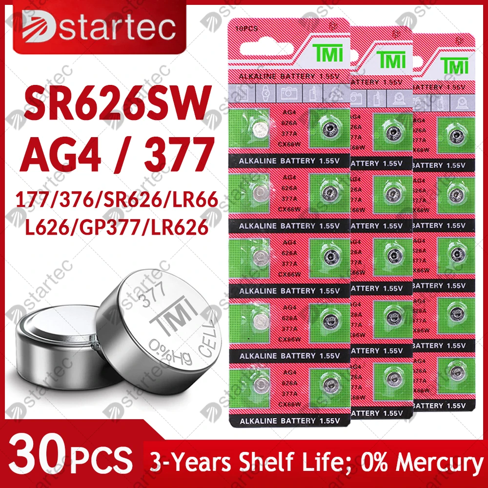 Dstartec 30Pcs Ag4 Coin Battery Lr626 377 Batteria Alcalina A Bottone A Bottone 1.55V Sr626Sw 377A Lr66 Per Orologi Giocattoli No Mercury