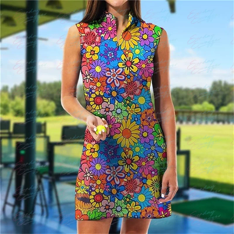 

Summer Women's Golf Flower Print Fashion Sleeveless Dress Sports Fitness Casual Dress Breathable Quick Drying Dress