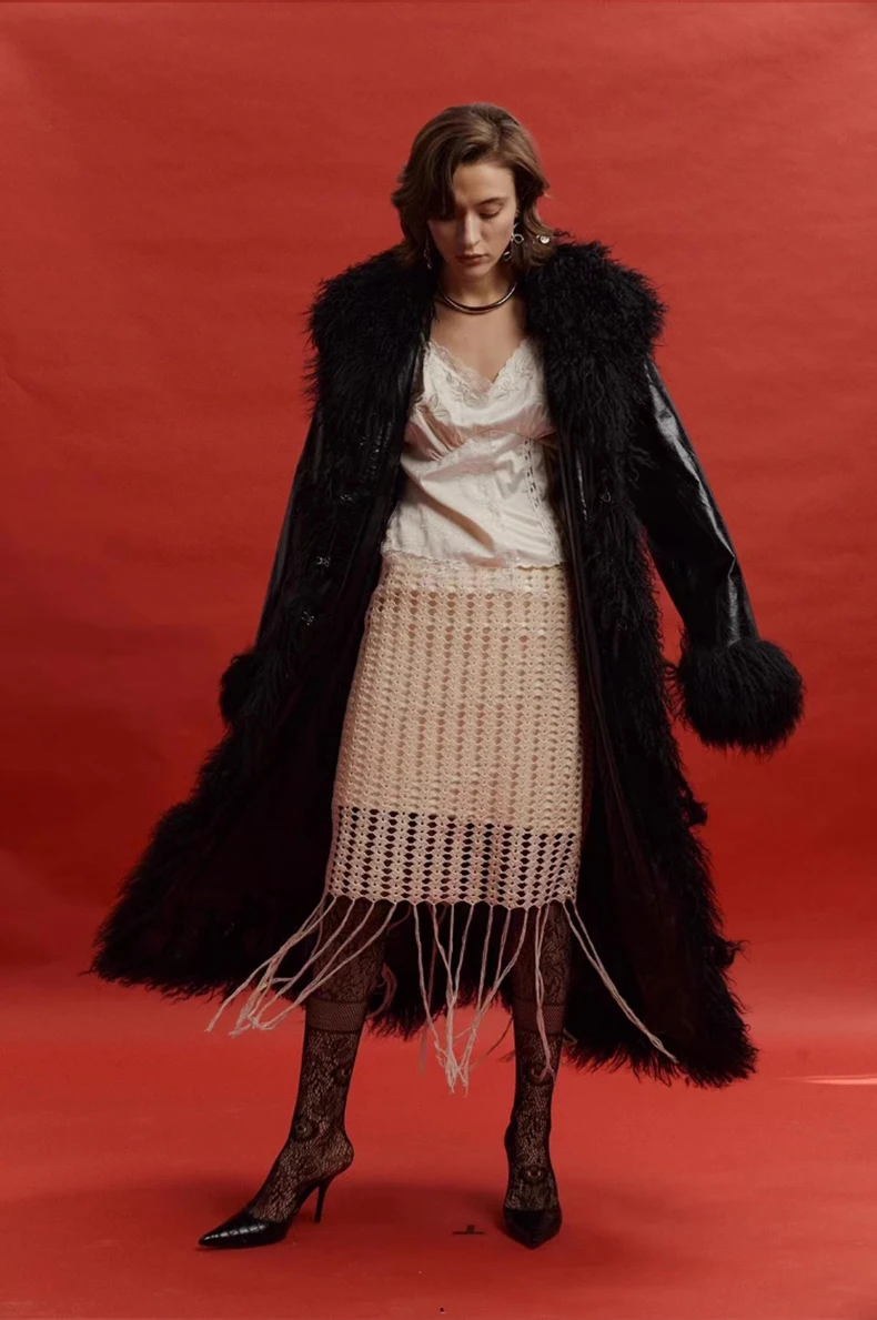 Abrigo largo de charol Pu negro brillante para mujer, ropa de diseñador de lujo, moda europea, primavera y otoño