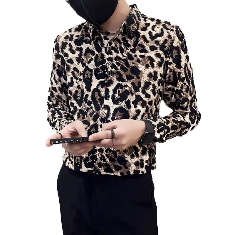 2023 Men Spring Fashion Lapel Button Spliced Printed Shirts Men's Slim Fit Casual Shirts Ladies Long Sleeve Leopard Shirts I51