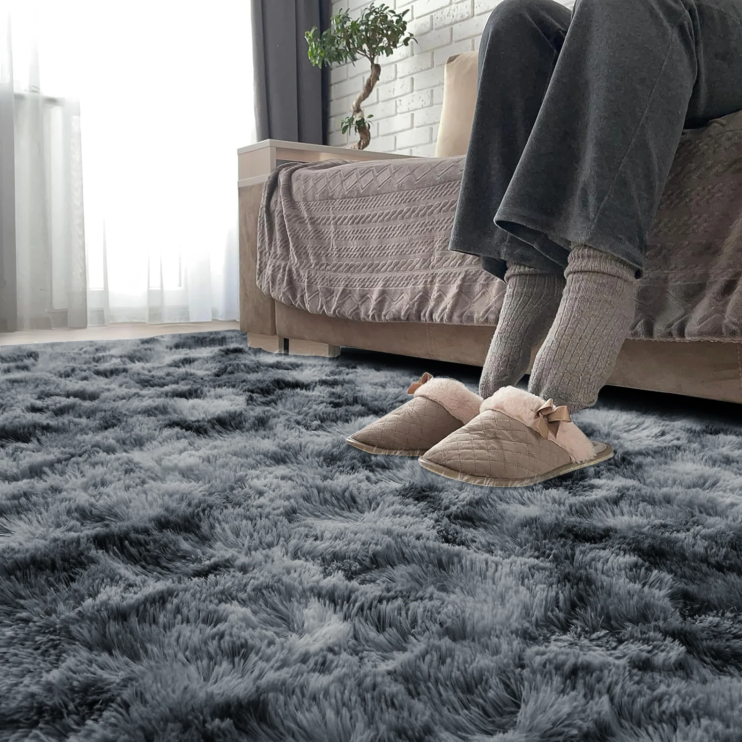 Tie Dyed Dark Gray Carpet Shaggy Rug view 6