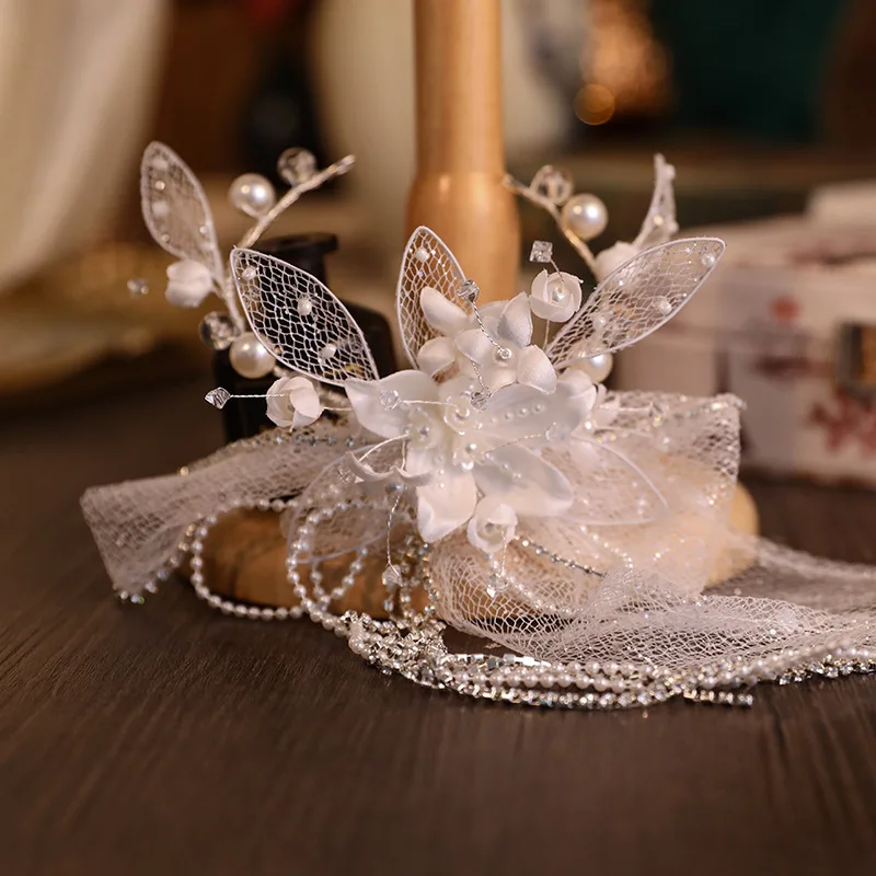 New Bridal Headwear White Lace Flower Beaded Tassel Hairpin Wedding Edge Clip Hair Accessories for Women