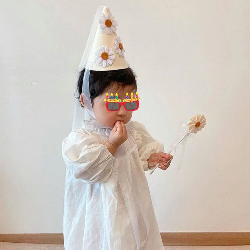 INS 첫아이 생일 데이지 펠트 모자, 소녀 꽃 파티 모자, 메쉬 모자