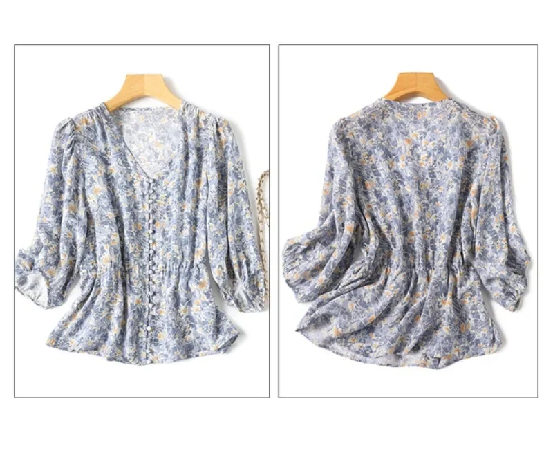 Chiffon Women's Shirt Summer Printed Vintage Blouses Loose Short Sleeve Women Tops V-necks Fashion Clothing 2024 Korean