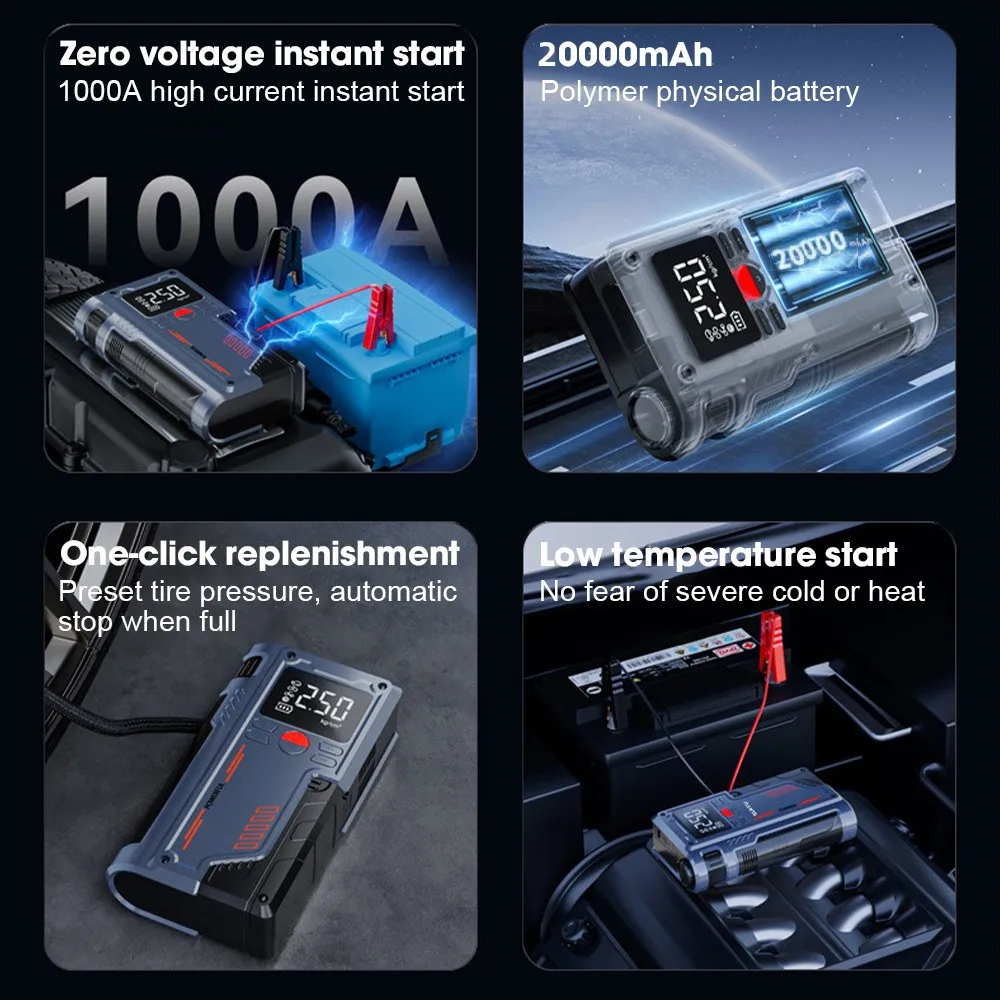 4 In 1 Car Jump Starter Air Compressor 20000mAh Portable Booster Charger 1000A Car Battery Starting Device
