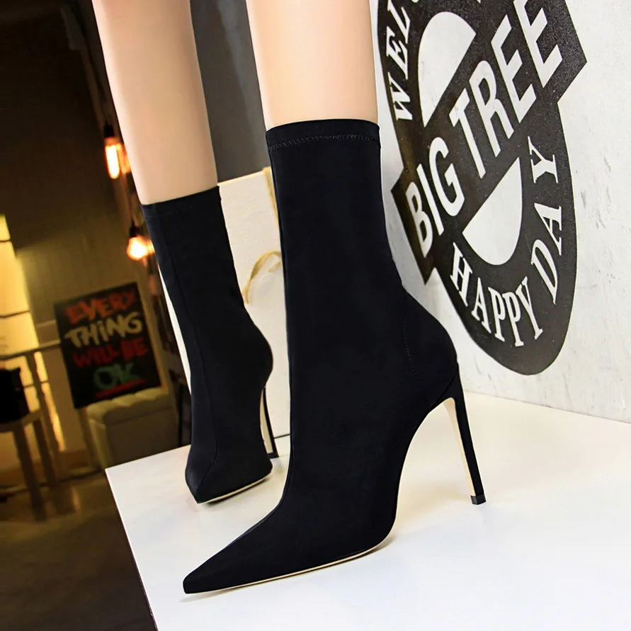 Slouchy Mid Calf Pointed Toe Stiletto Suede Boots - Black – Luxedress