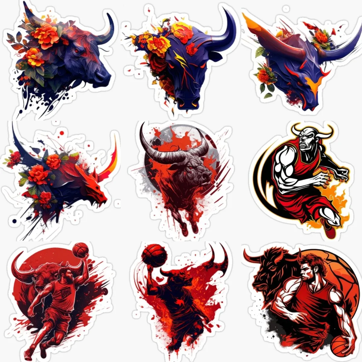 Colorful Art Basketball Bull Sign Sticker Red Moto Car Bumper Laptop Truck Window Bicycle Van Glass Helmet Racing Decalcomanie