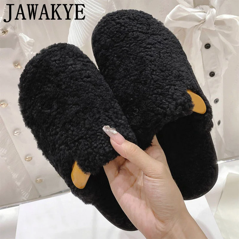 

Winter Slippers Luxury Brand Wool Half Slippers Belt Decoration Ladies Mules Woman's Flat Mules Woman's Fur Slippers for Home